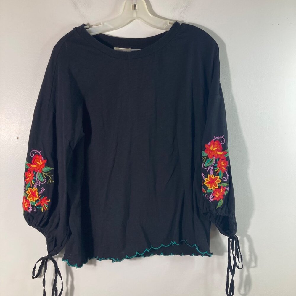 Womens Umgee Embroidered Tunic Blouse Tie Sleeve Black Red Green L